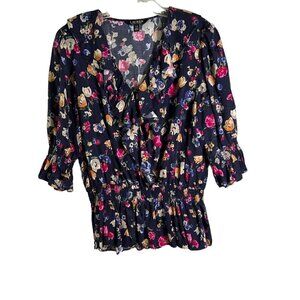 Lauren Ralph Lauren Navy Floral Women's Size Large V-Neck Ruffle Top